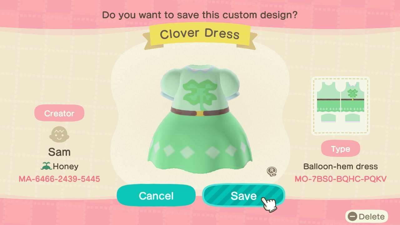 Animal Crossing Design Code: MO-7BS0-BQHC-PQKV Clover Dress