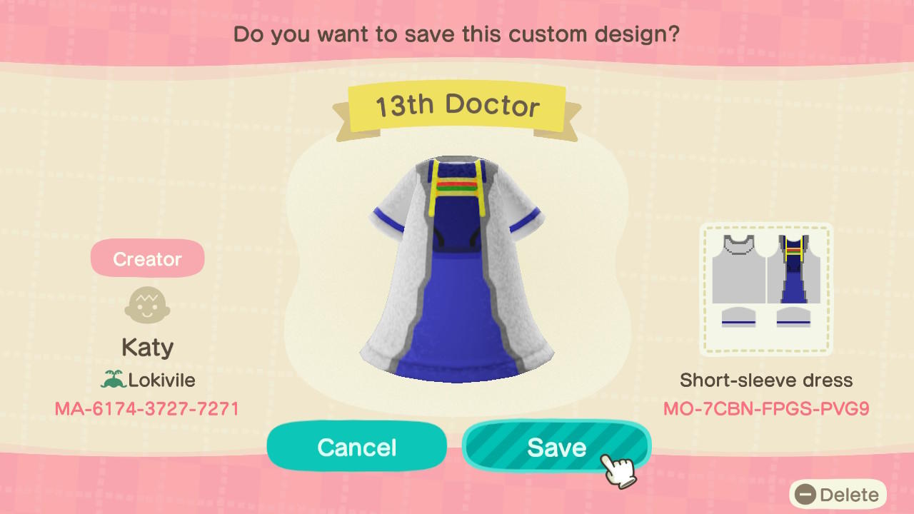 Animal Crossing Design Code: MO-7CBN-FPGS-PVG9 13th Doctor