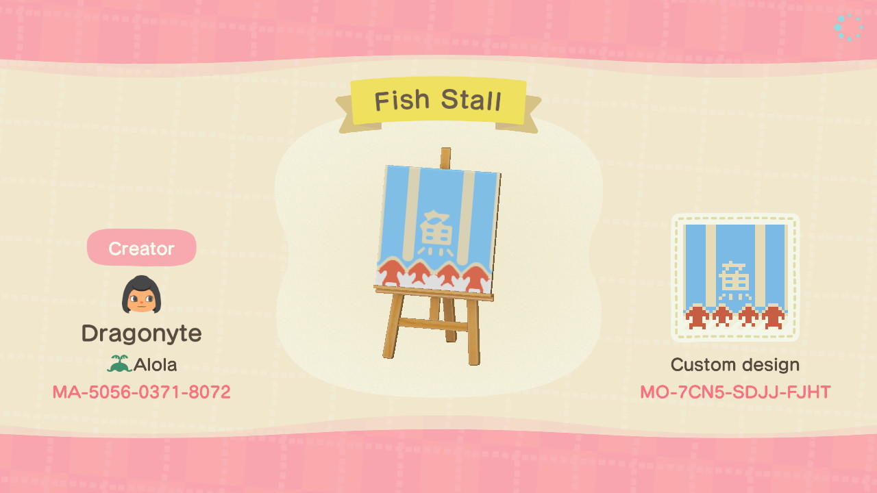 Animal Crossing Design Code: MO-7CN5-SDJJ-FJHT Fish Stall Pattern