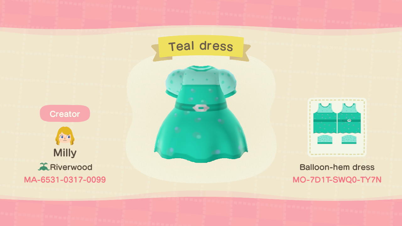 Animal Crossing Design Code: MO-7D1T-SWQ0-TY7N Teal Dress