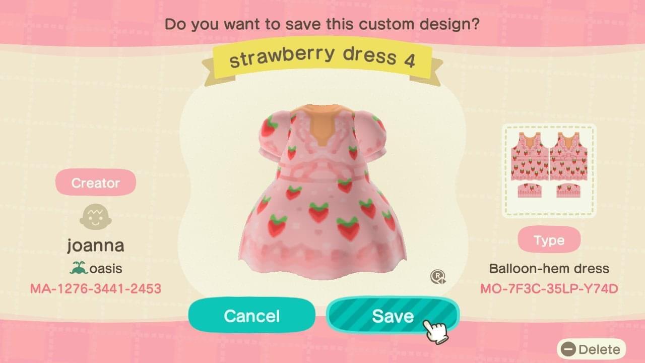 Animal Crossing Design Code: MO-7F3C-35LP-Y74D strawberry dress