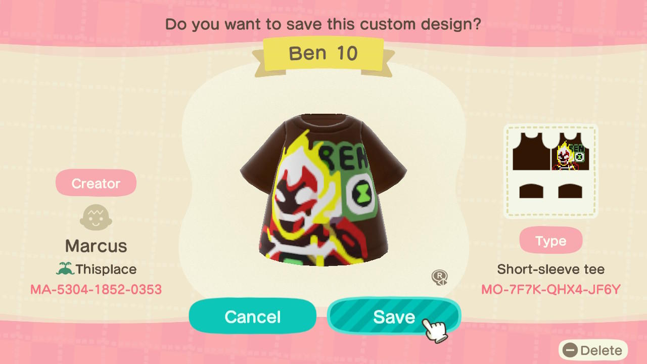 Animal Crossing Design Code: MO-7F7K-QHX4-JF6Y Heatblast V2 Ben 10