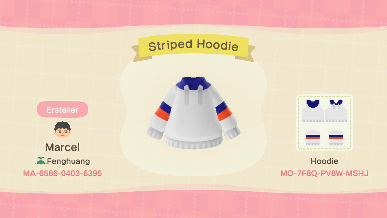 Animal Crossing Design Code: MO-7F8Q-PV8W-MSHJ Striped Hoodie