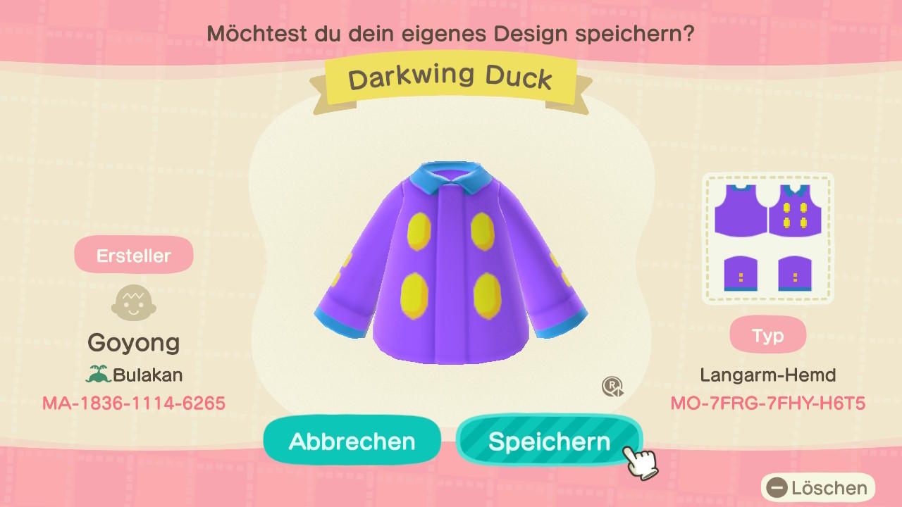 Animal Crossing Design Code: MO-7FRG-7FHY-H6T5 Darkwing Duck