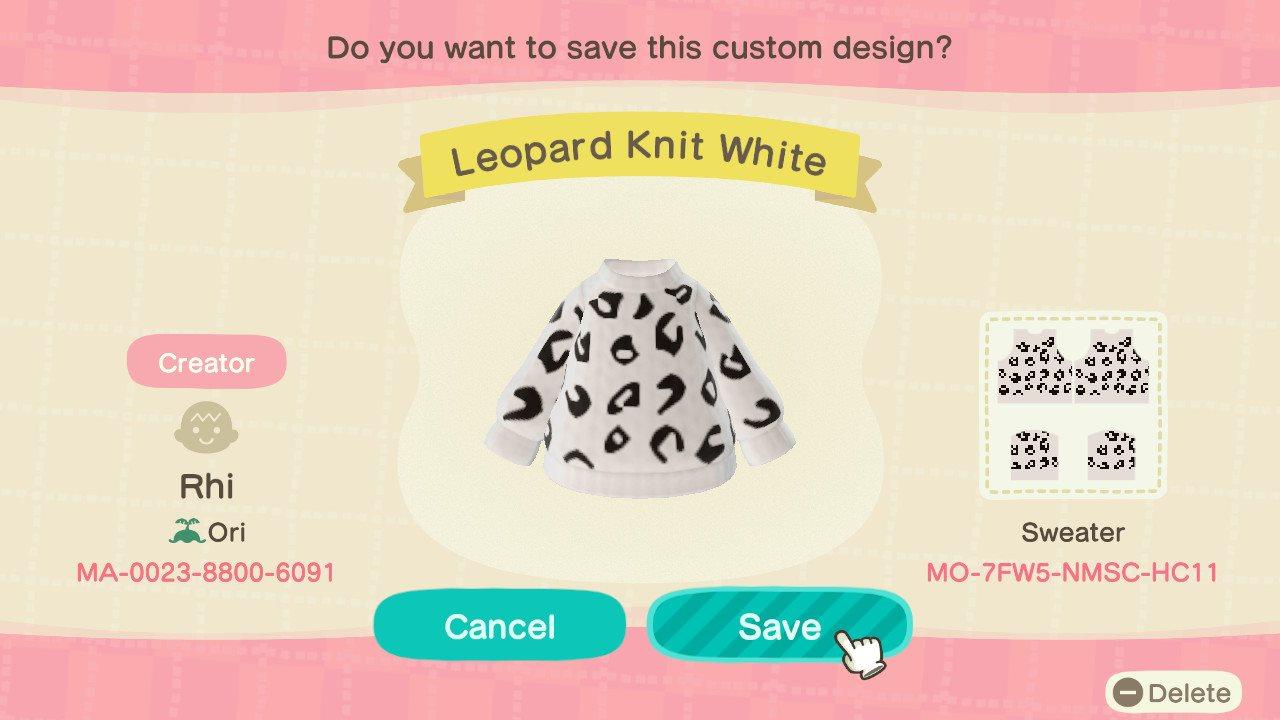 Animal Crossing Design Code: MO-7FW5-NMSC-HC11 White Leopard Knit
