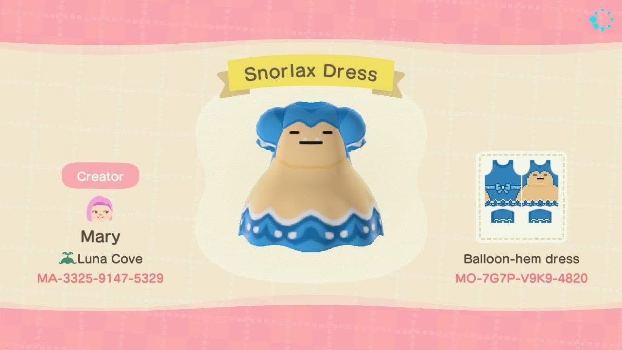Animal Crossing Design Code: MO-7G7P-V9K9-4820 Snorlax Dress