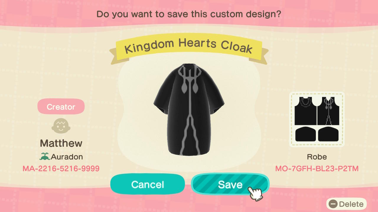 Animal Crossing Design Code: MO-7GFH-BL23-P2TM Kingdom Hearts Cloak
