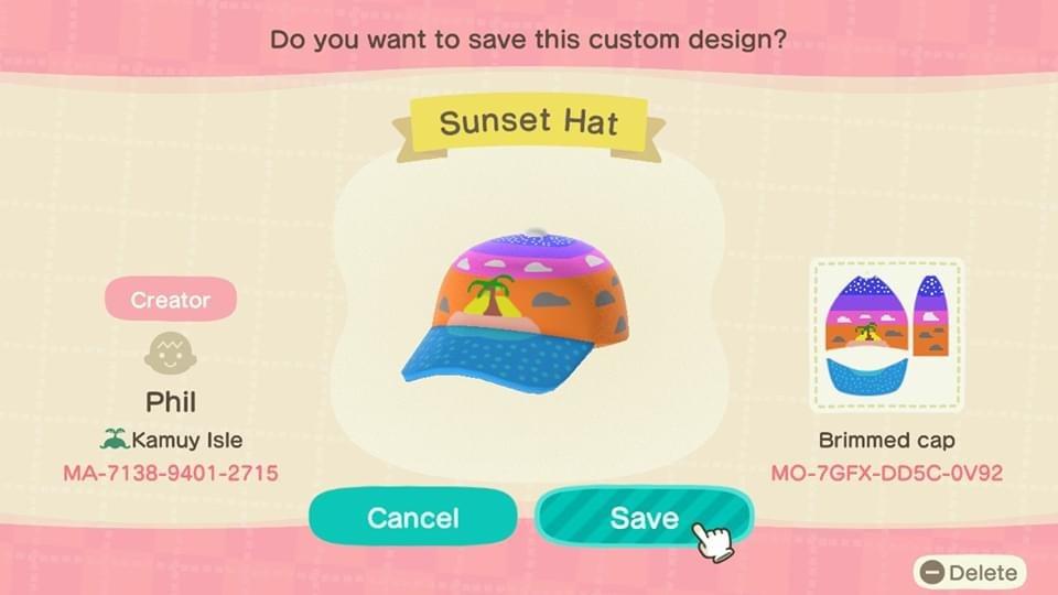 Animal Crossing Design Code: MO-7GFX-DD5C-0V92 Sunset Hat