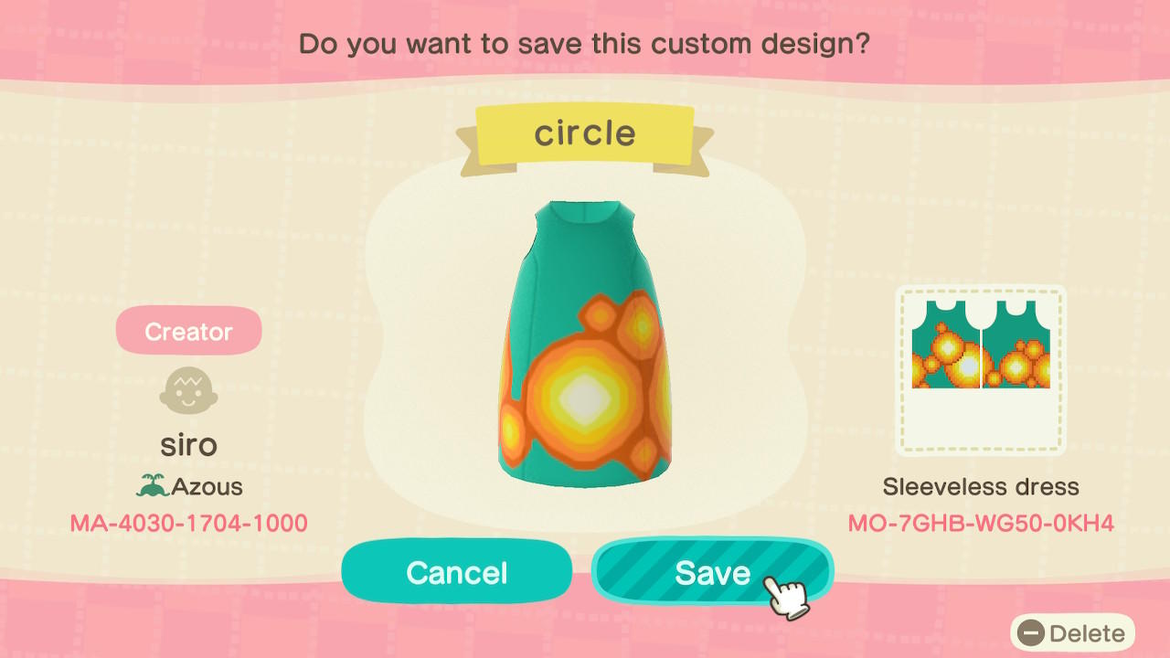 Animal Crossing Design Code: MO-7GHB-WG50-0KH4 Circle Dress