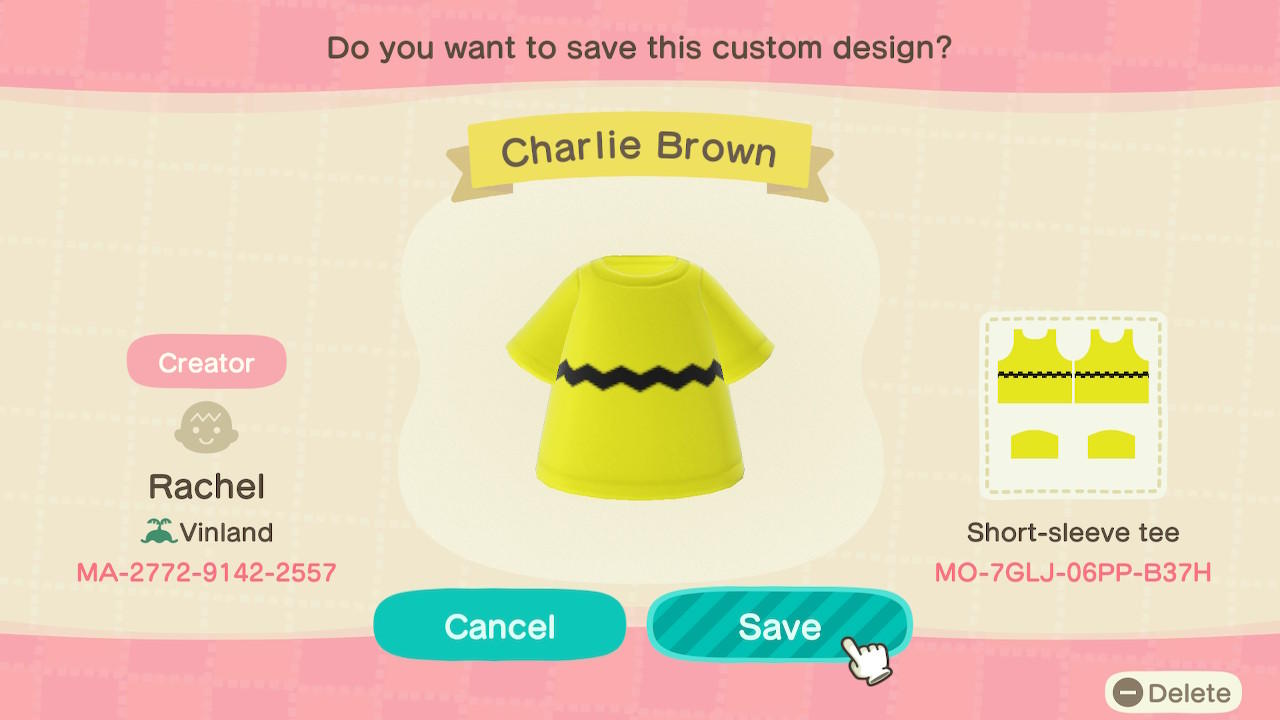 Animal Crossing Design Code: MO-7GLJ-06PP-B37H Carlie Brown
