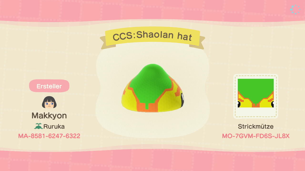 Animal Crossing Design Code: MO-7GVM-FD6S-JL8X CCS: Shaolan Hat