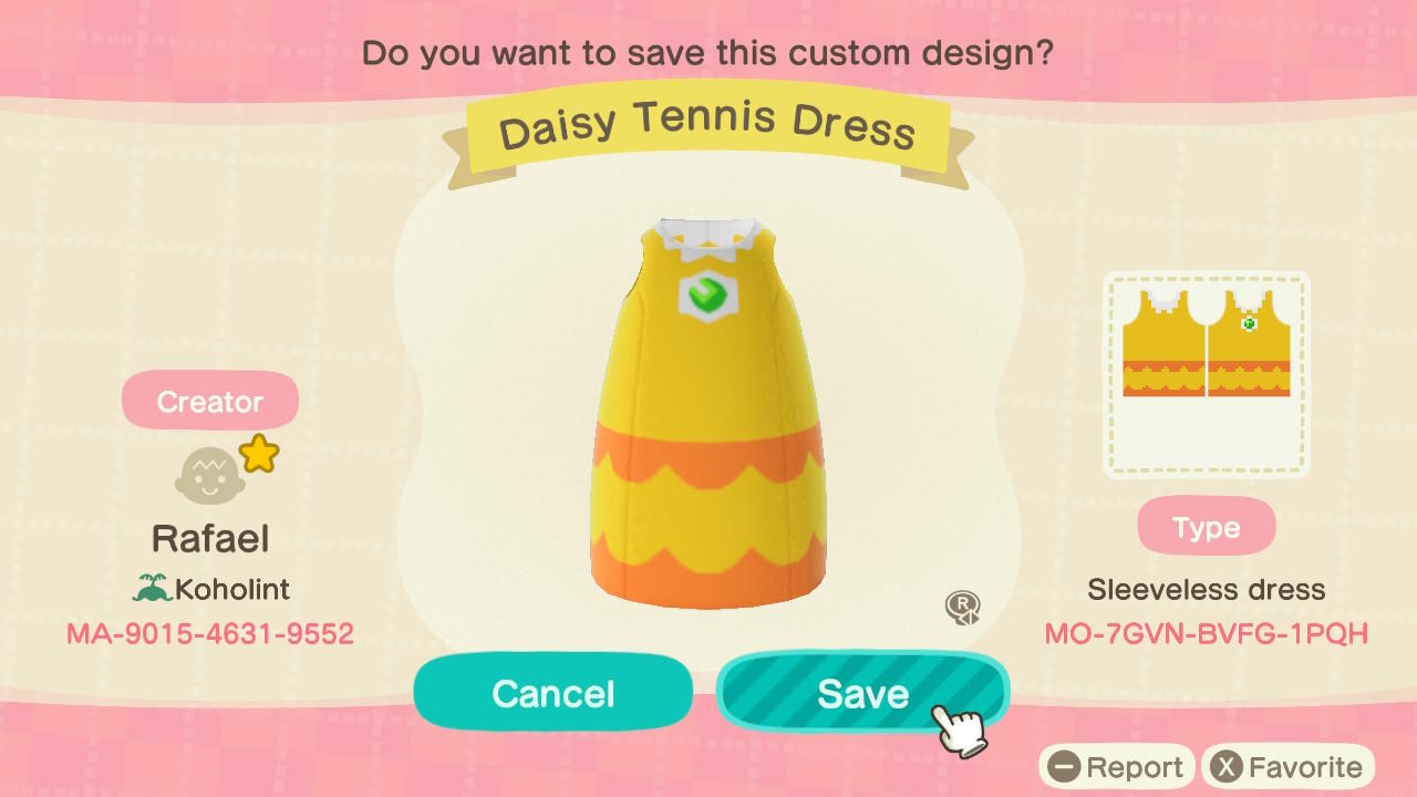 Animal Crossing Design Code: MO-7GVN-BVFG-1PQH Daisy Tennis Dress