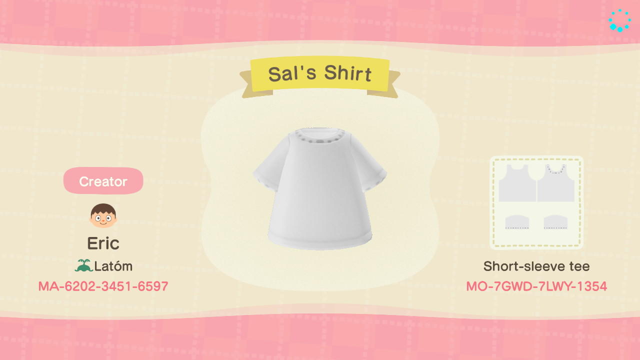 Animal Crossing Design Code: MO-7GWD-7LWY-1354 Sal&#39;s Shirt