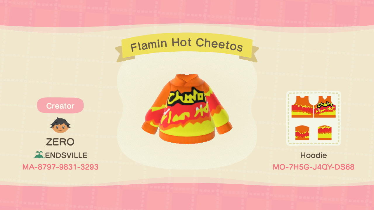 Animal Crossing Design Code: MO-7H5G-J4QY-DS68 Flamin Hot Cheetos