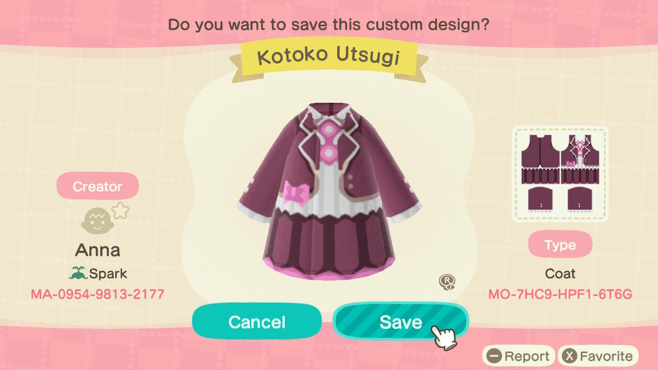 Animal Crossing Design Code: MO-7HC9-HPF1-6T6G Kotoko Utsugi