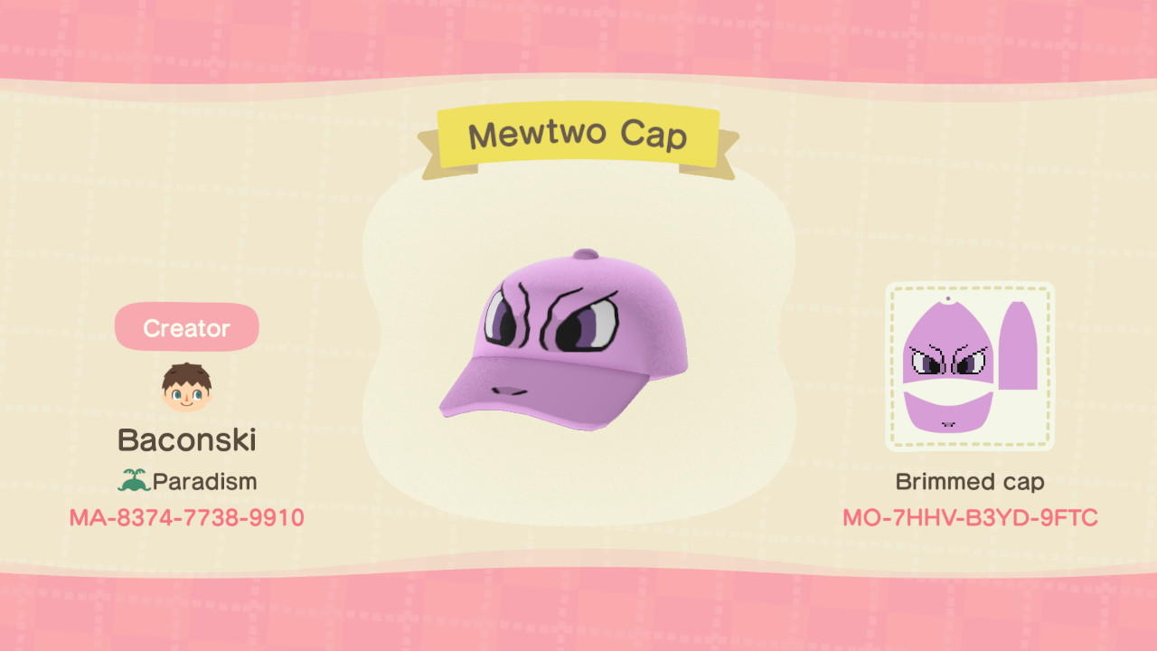 Animal Crossing Design Code: MO-7HHV-B3YD-9FTC Mewtwo Cap