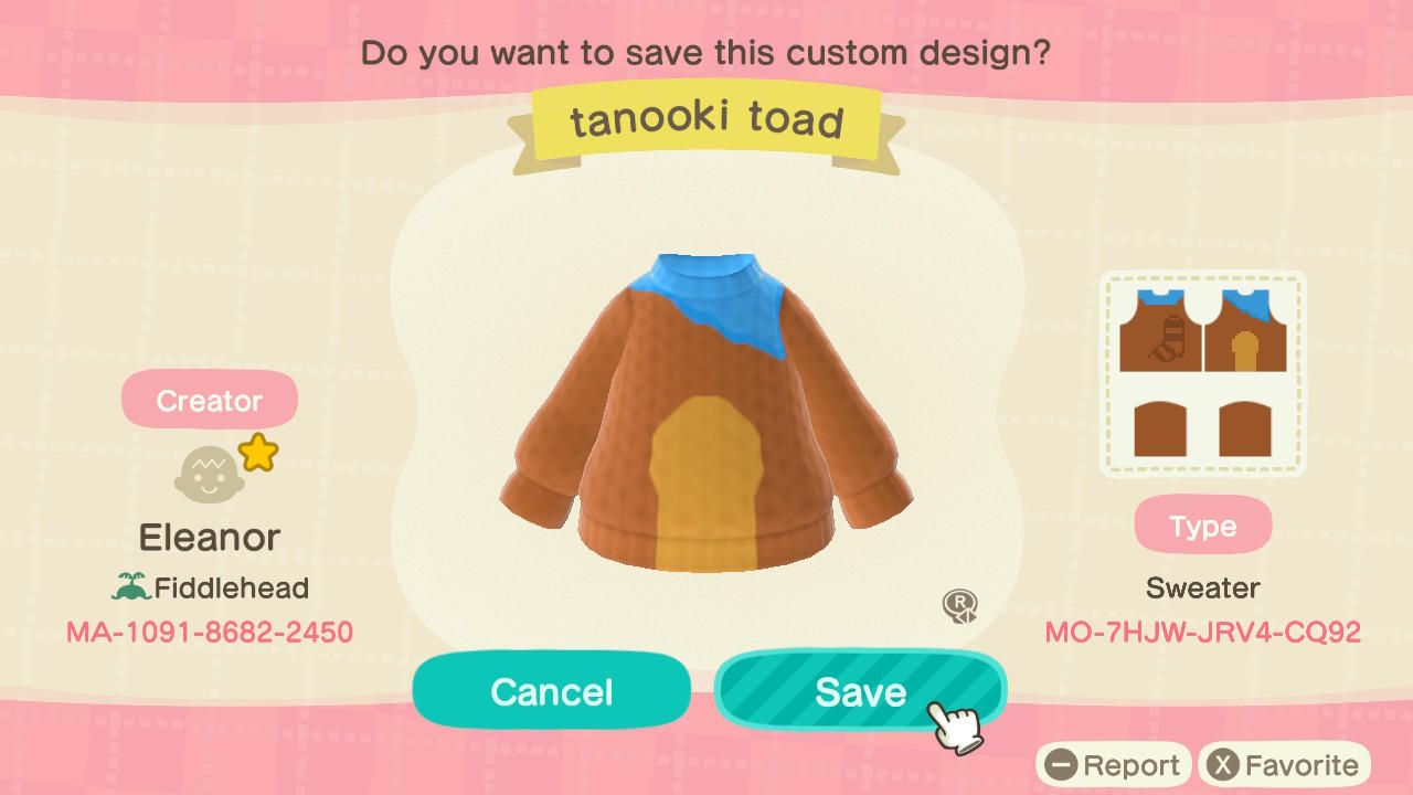 Animal Crossing Design Code: MO-7HJW-JRV4-CQ92 Tanooki Toad