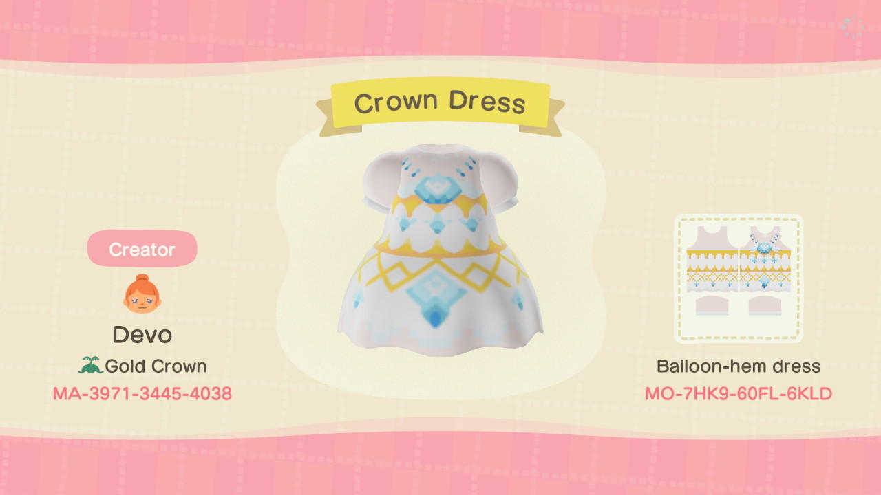 Animal Crossing Design Code: MO-7HK9-60FL-6KLD Crown Dress