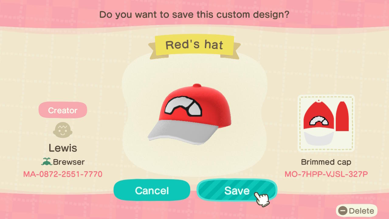 Animal Crossing Design Code: MO-7HPP-VJSL-327P Red&#39;s Hat