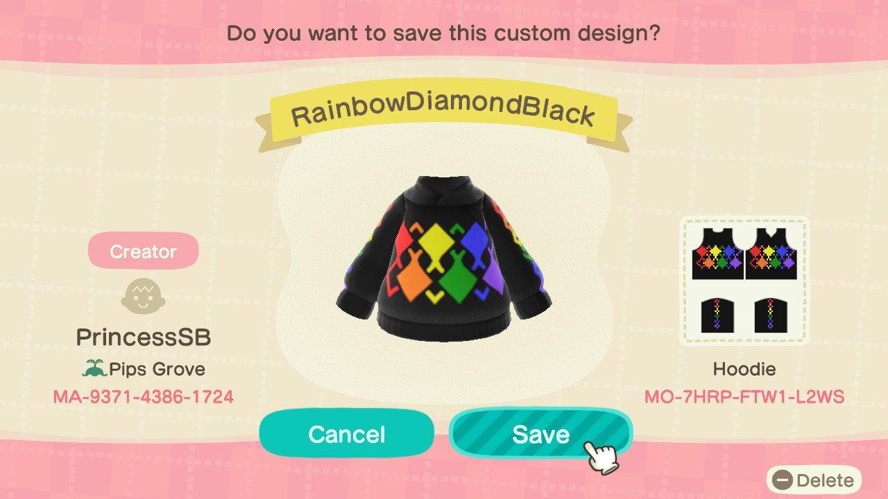Animal Crossing Design Code: MO-7HRP-FTW1-L2WS Rainbow Diamond Blk