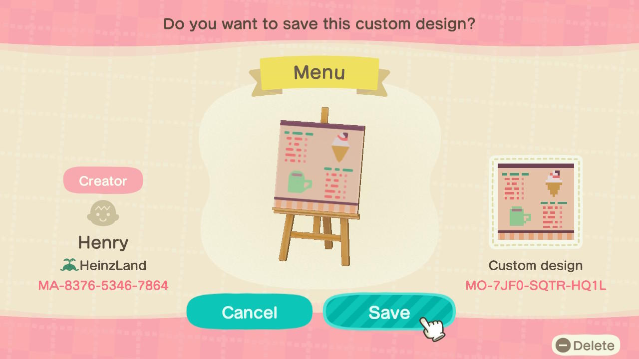 Animal Crossing Design Code: MO-7JF0-SQTR-HQ1L Menu