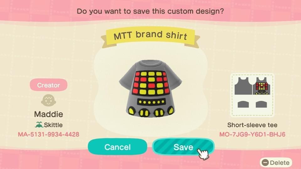 Animal Crossing Design Code: MO-7JG9-Y6D1-BHJ6 MTT brand shirt