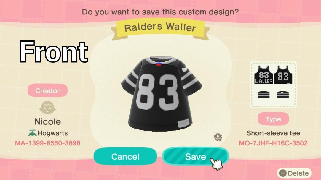 Animal Crossing Design Code: MO-7JHF-H16C-3502 Raiders Waller