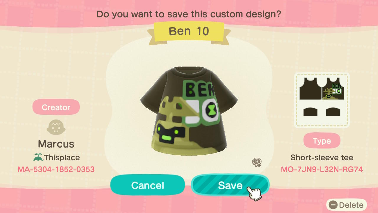 Animal Crossing Design Code: MO-7JN9-L32N-RG74 Ben 10 Clockwork