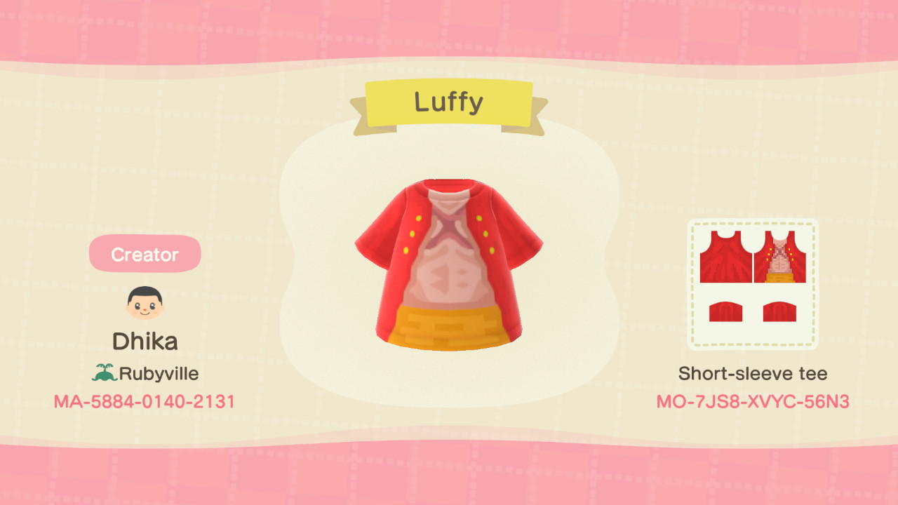 Animal Crossing Design Code: MO-7JS8-XVYC-56N3 Luffy