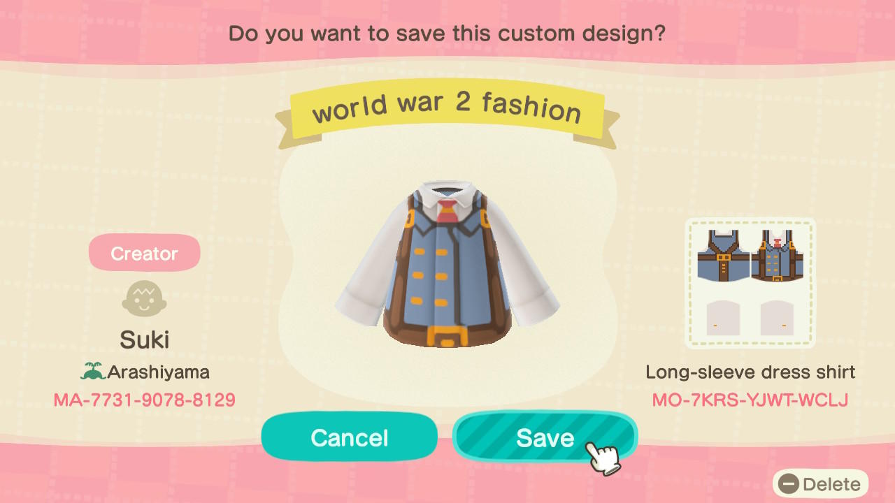 Animal Crossing Design Code: MO-7KRS-YJWT-WCLJ WW2 fashion