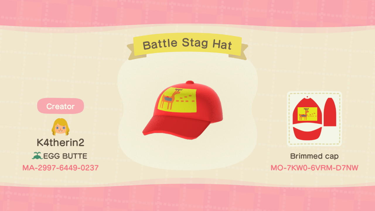 Animal Crossing Design Code: MO-7KW0-6VRM-D7NW Battle Stag Hat