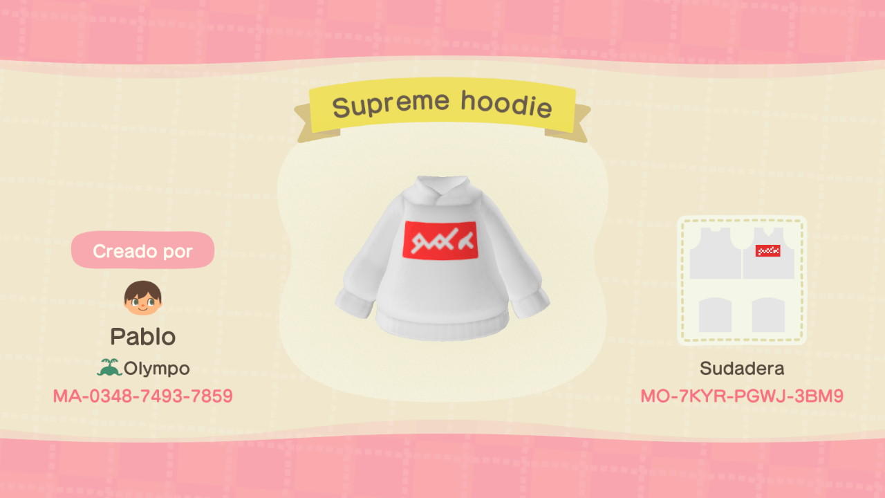 Animal Crossing Design Code: MO-7KYR-PGWJ-3BM9 Supreme hoodie
