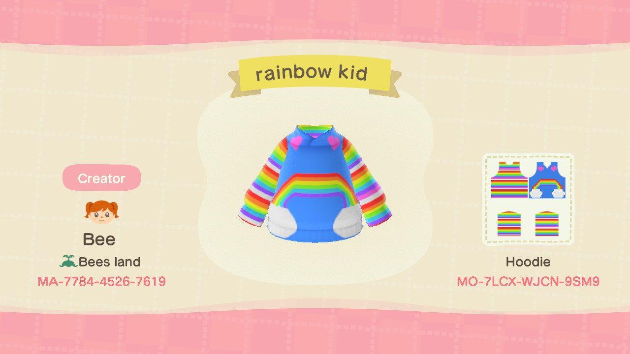 Animal Crossing Design Code: MO-7LCX-WJCN-9SM9 Rainbow Kid Hoodie
