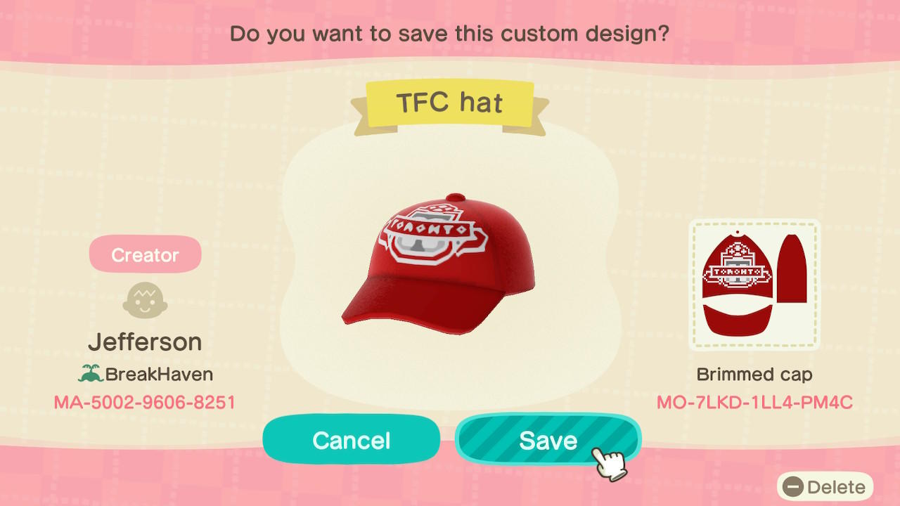 Animal Crossing Design Code: MO-7LKD-1LL4-PM4C TFC Hat