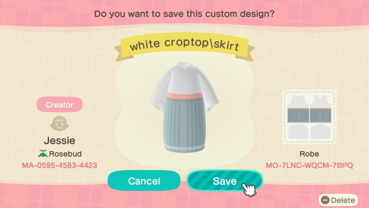 Animal Crossing Design Code: MO-7LNC-WQCM-7BPQ white croptop\skirt