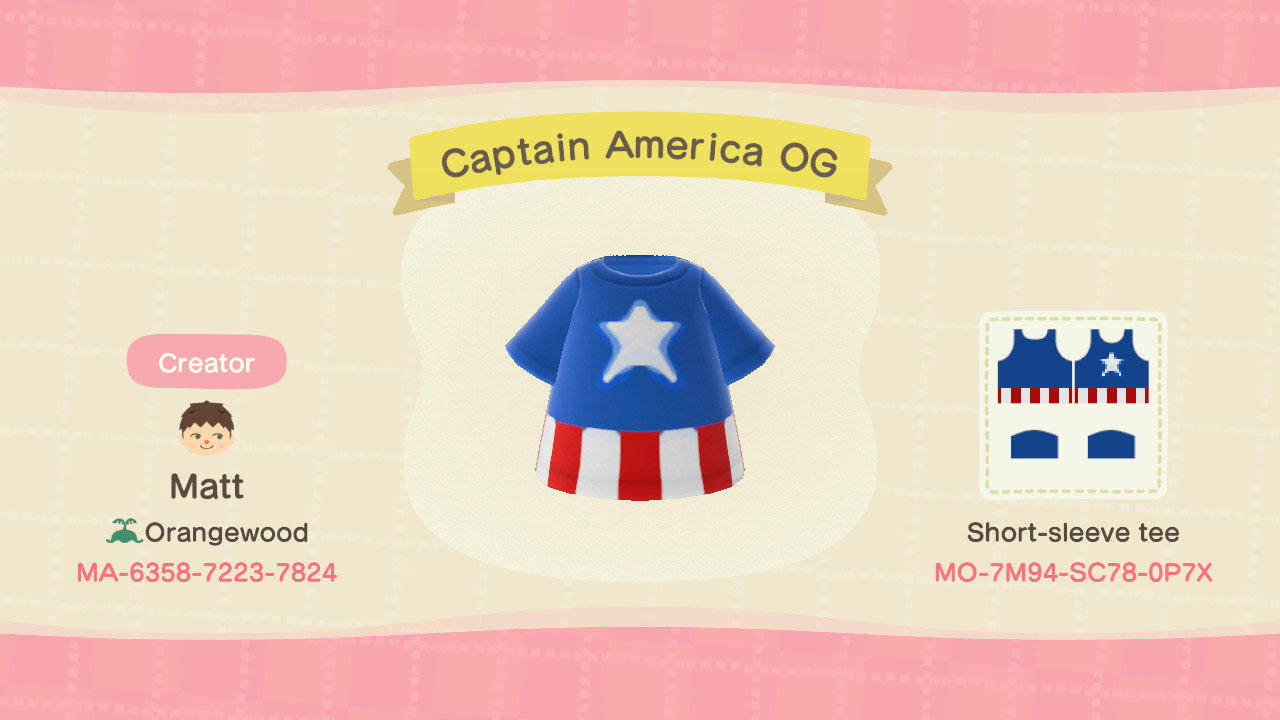 Animal Crossing Design Code: MO-7M94-SC78-0P7X Captain America OG