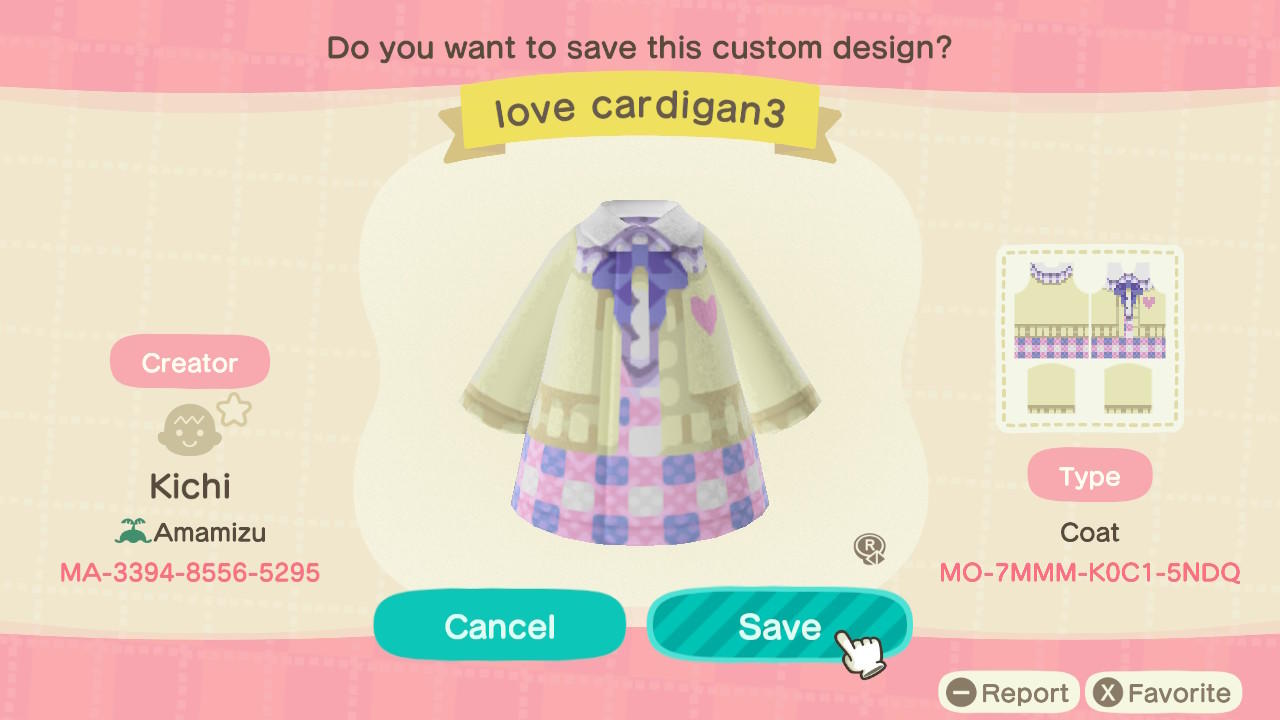 Animal Crossing Design Code: MO-7MMM-K0C1-5NDQ Love Cardigan 3