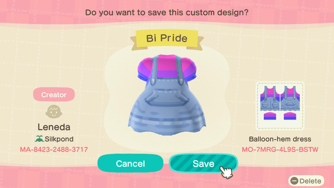 Animal Crossing Design Code: MO-7MRG-4L9S-BSTW Bi Pride Overalls