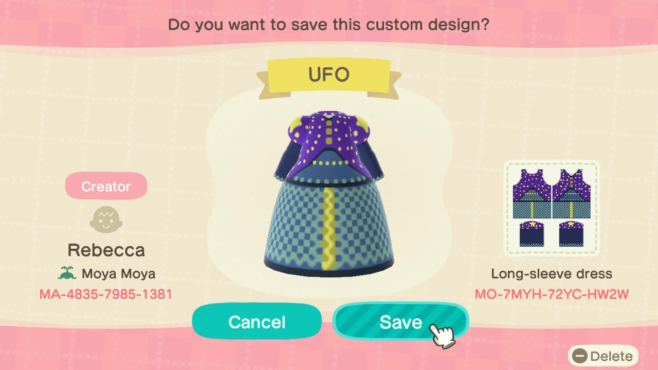Animal Crossing Design Code: MO-7MYH-72YC-HW2W UFO Dress