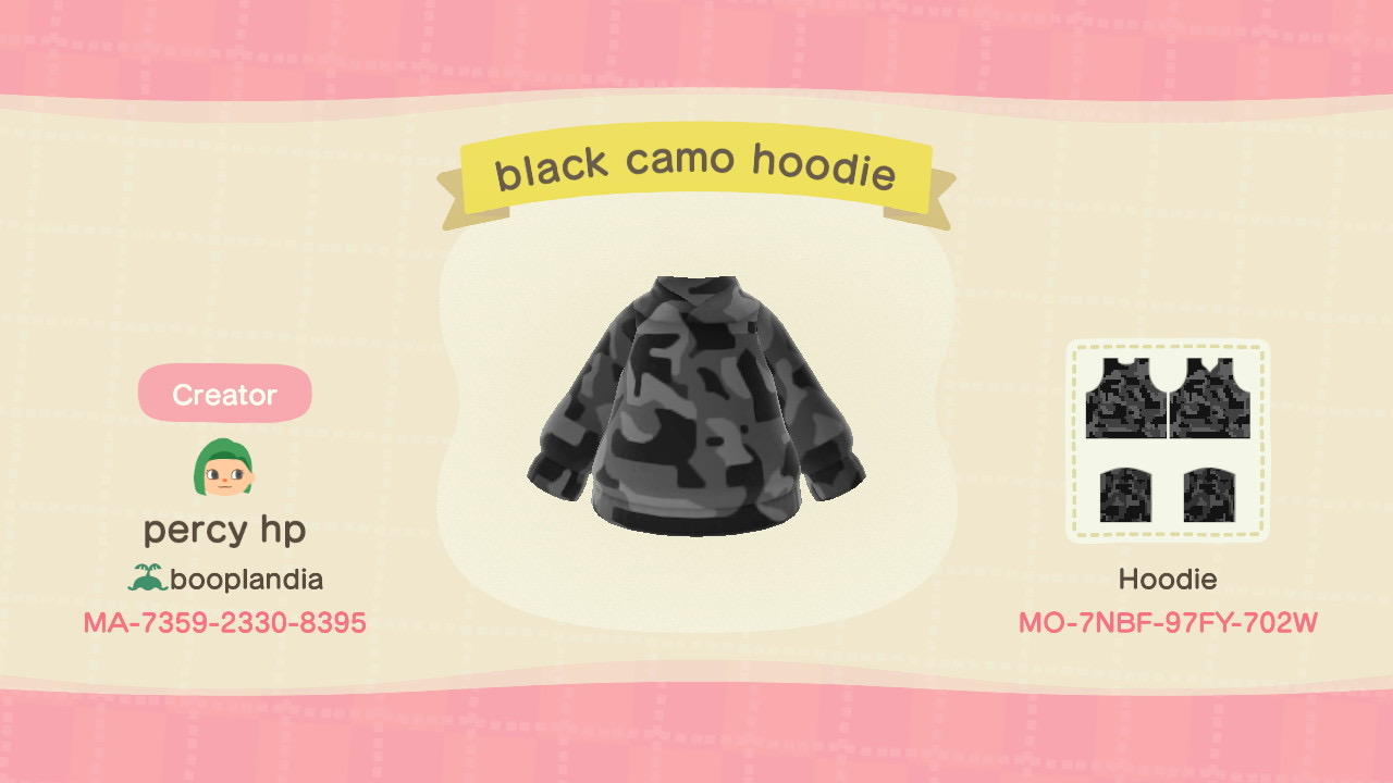 Animal Crossing Design Code: MO-7NBF-97FY-702W Black Camo Hoodie