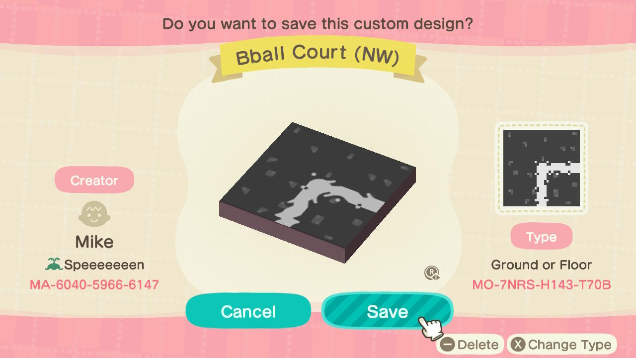 Animal Crossing Design Code: MO-7NRS-H143-T70B Bball Court (NW)