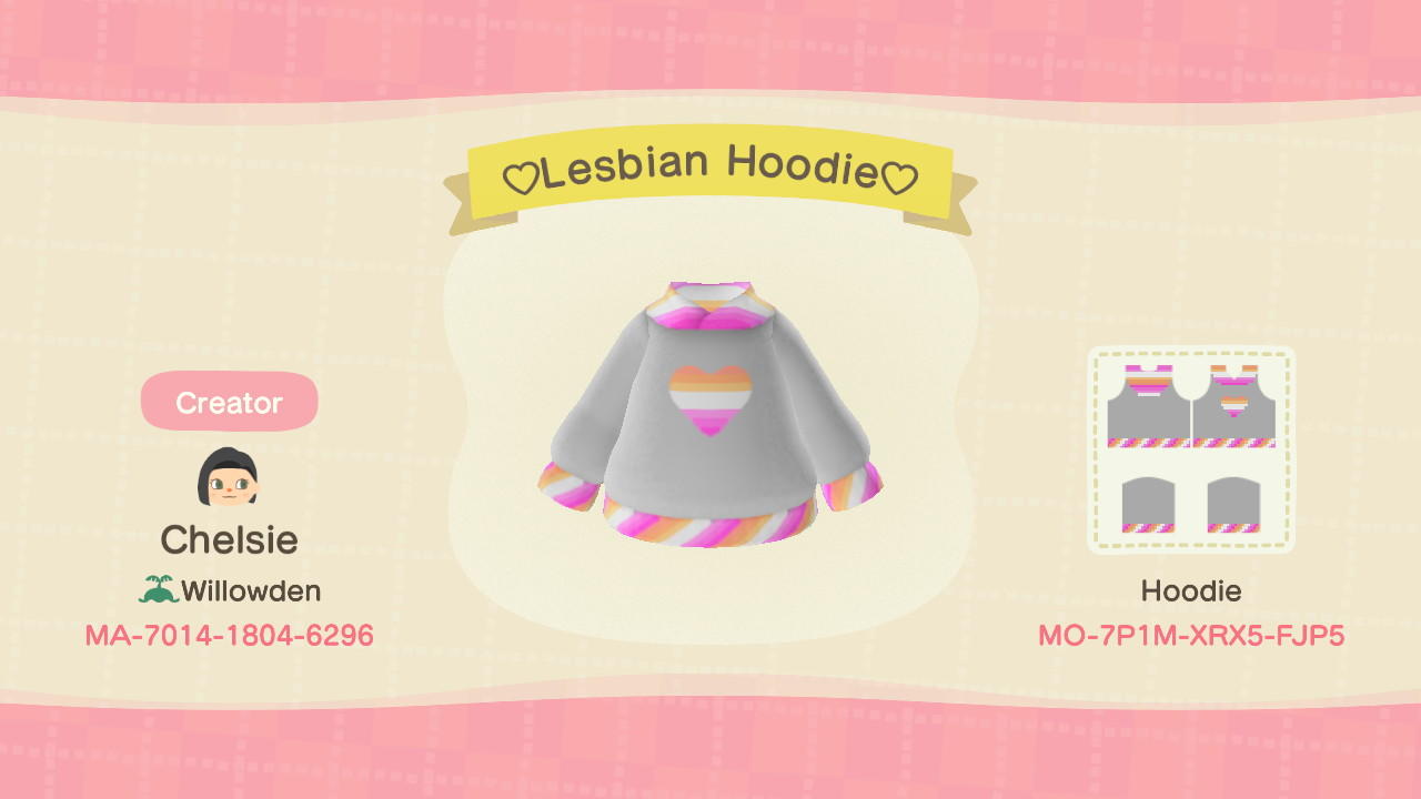 Animal Crossing Design Code: MO-7P1M-XTX5-FJP5 ♡Lesbian Hoodie♡