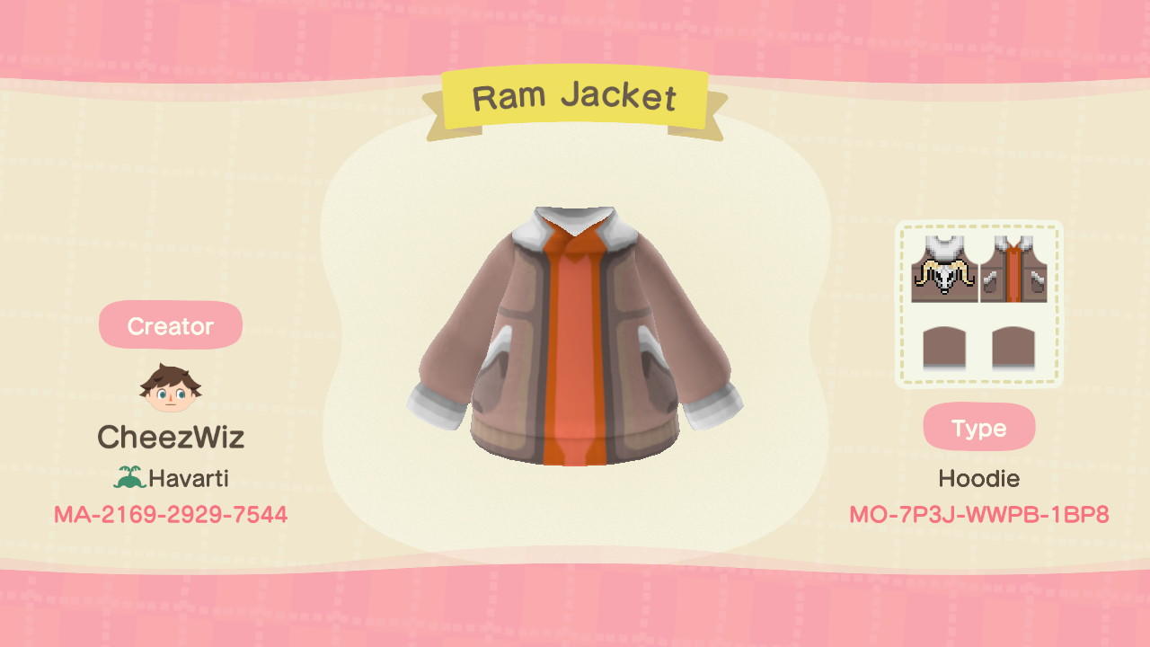 Animal Crossing Design Code: MO-7P3J-WWPB-1BP8 Ram Jacket Alt.