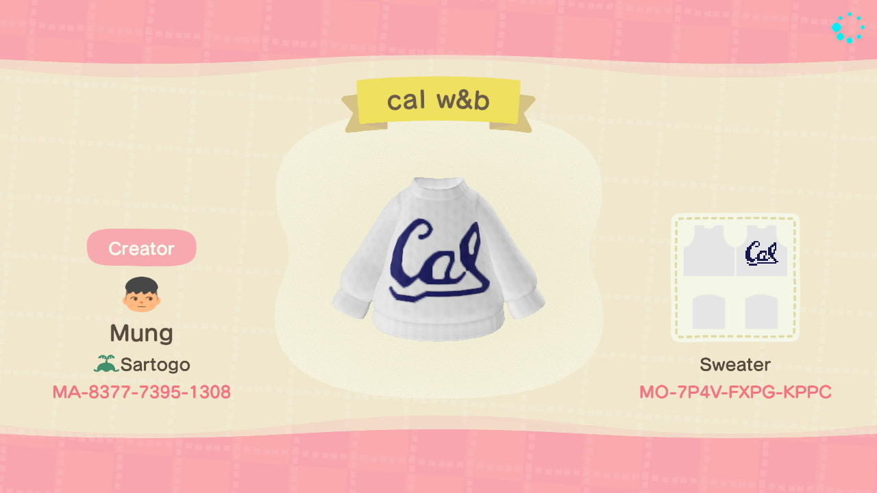 Animal Crossing Design Code: MO-7P4V-FXPG-KPPC Cal UC Berkeley bu&w