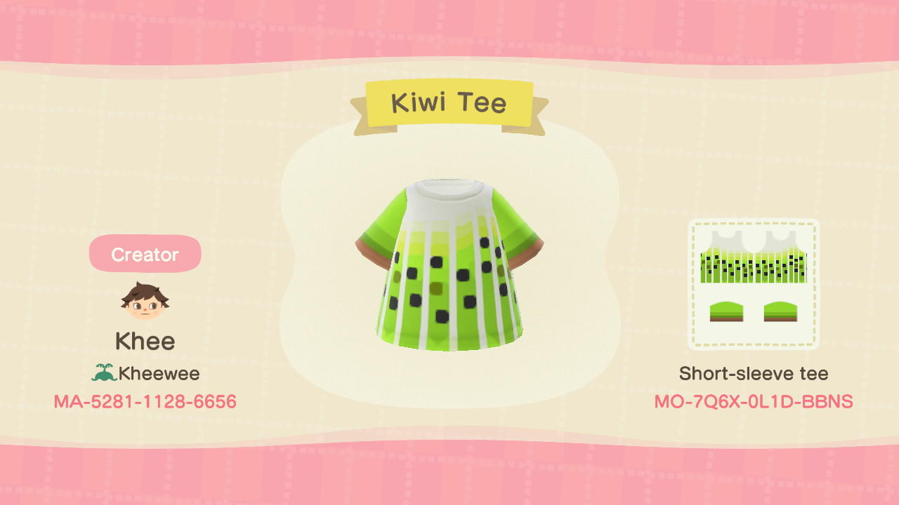Animal Crossing Design Code: MO-7Q6X-0L1D-BBNS Kiwi Tee