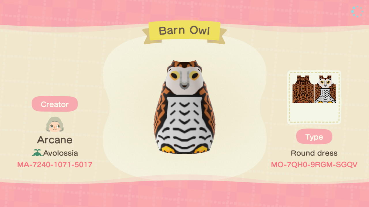 Animal Crossing Design Code: MO-7QH0-9RGM-SGQV Barn Owl