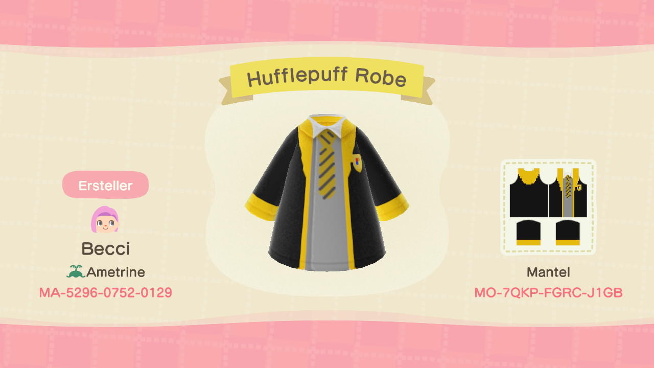 Animal Crossing Design Code: MO-7QKP-FGRC-J1GB Hufflepuff Robe