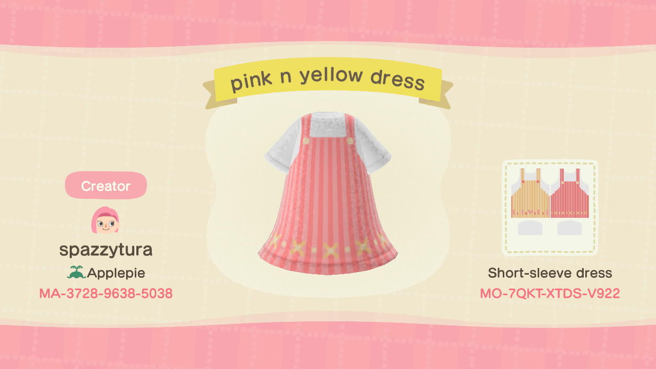 Animal Crossing Design Code: MO-7QKT-XTDS-V922 Pink n Yellow Dress