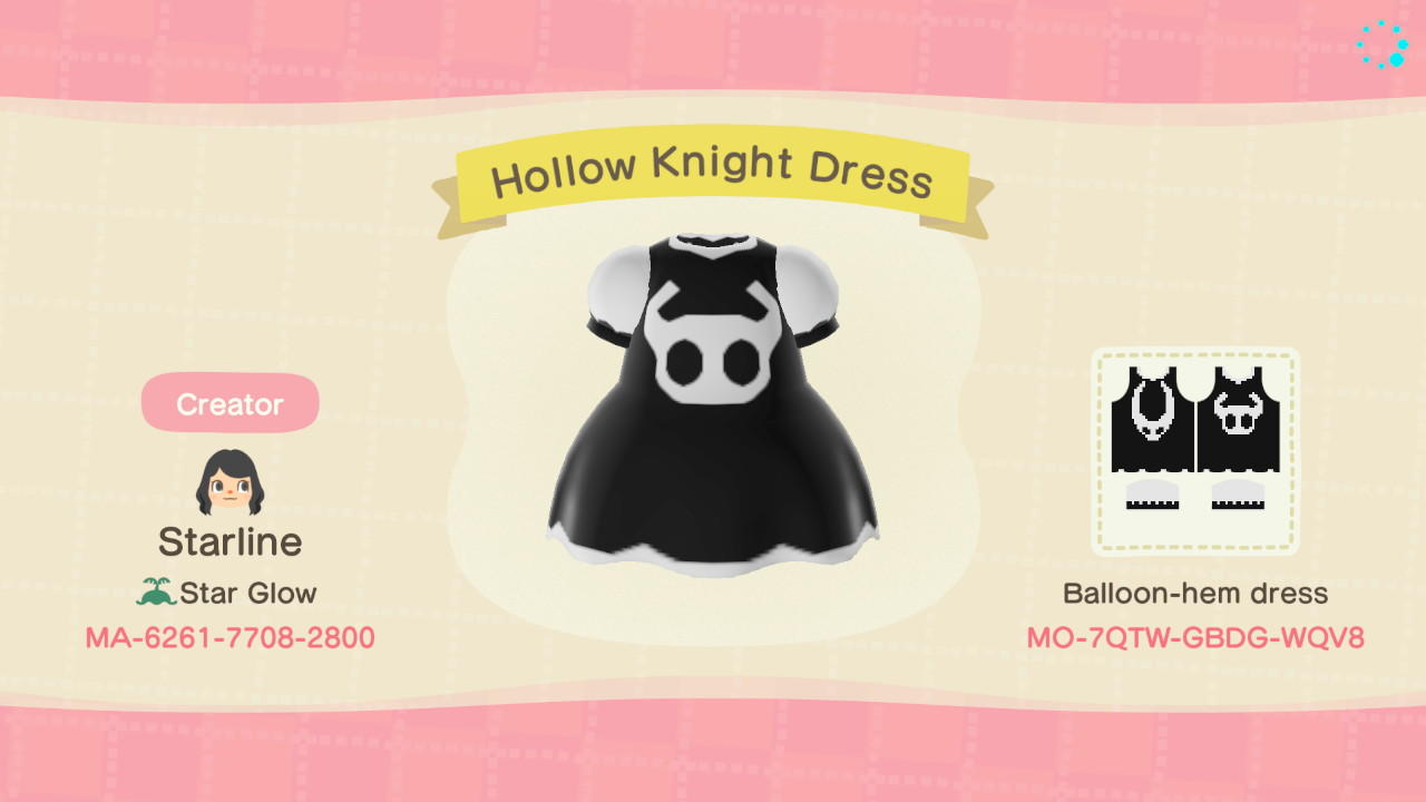 Animal Crossing Design Code: MO-7QTW-GBDG-WQV8 Hollow Knight Dress