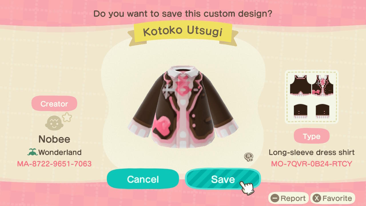 Animal Crossing Design Code: MO-7QVR-0B24-RTCY Kotoko Utsugi